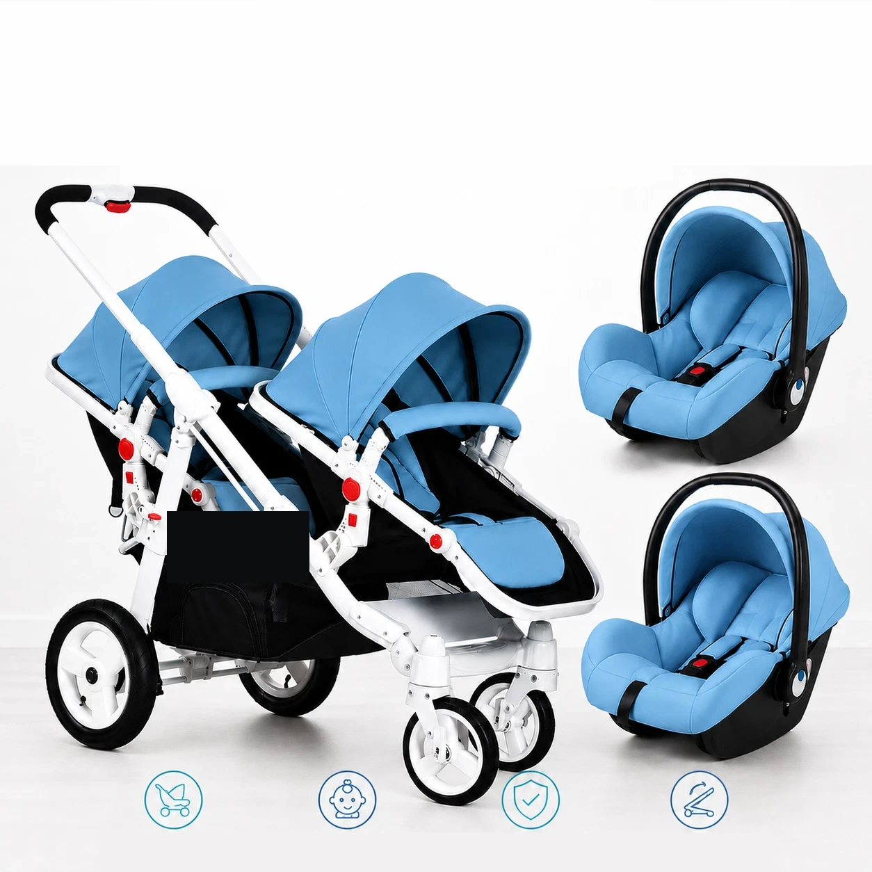 Zwillingswagen 3in1 Schwarzer Rahmen Blau/ Schwarz